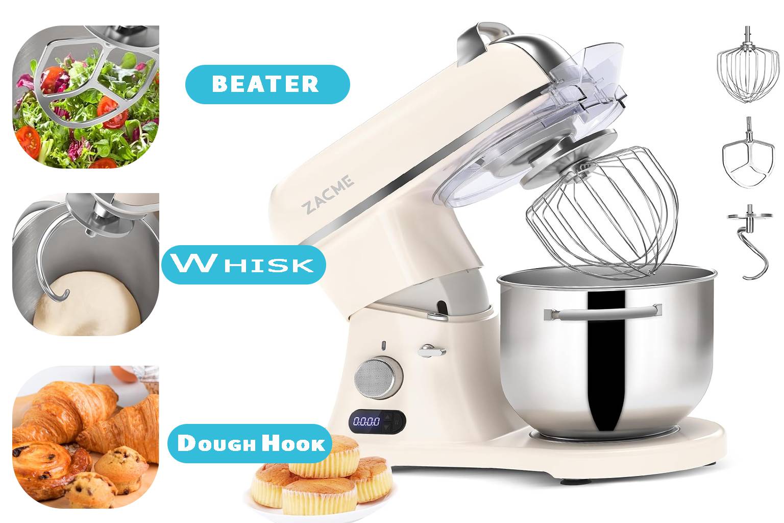 ZACME 7.4QT Stand Mixer, 800W Kitchen Electric Mixer with 7L Stainless Steel Bowl & Attachments